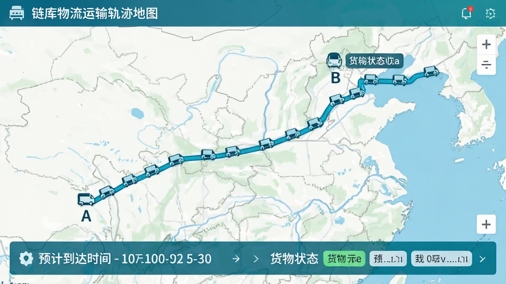 链库物流运输轨迹地图界面,显示从A地到B地的路线,沿途有车辆图标移动,底部显示预计到达时间与货物状态标签,地图风格清晰,蓝绿色系,信息可视化,高清画质,干净界面