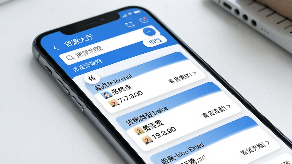 手机屏幕显示链库物流“货源大厅”页面,多条货源卡片按距离排序,每条卡片上清晰标注起点终点、运费与货物类型,顶部搜索框与筛选按钮,界面信息层级分明,蓝白配色,写实风格,高清画质,无多余元素