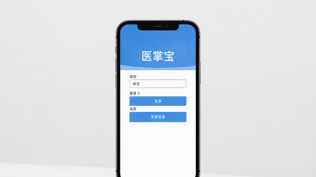 医掌宝登录界面截图,主体为手机屏幕显示登录表单,背景简洁,整体风格蓝白相间,扁平化设计,干净无多余元素,高画质