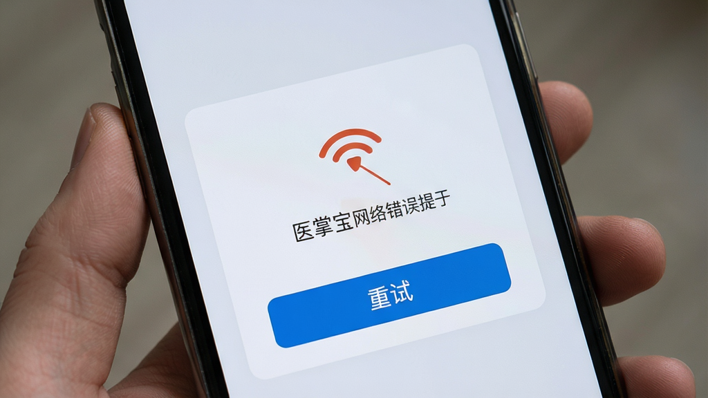 医掌宝网络错误提示界面,手机屏幕上显示无线网络断开图标,下方有“重试”按钮,背景为浅灰色,风格写实,干净无多余元素,高画质
