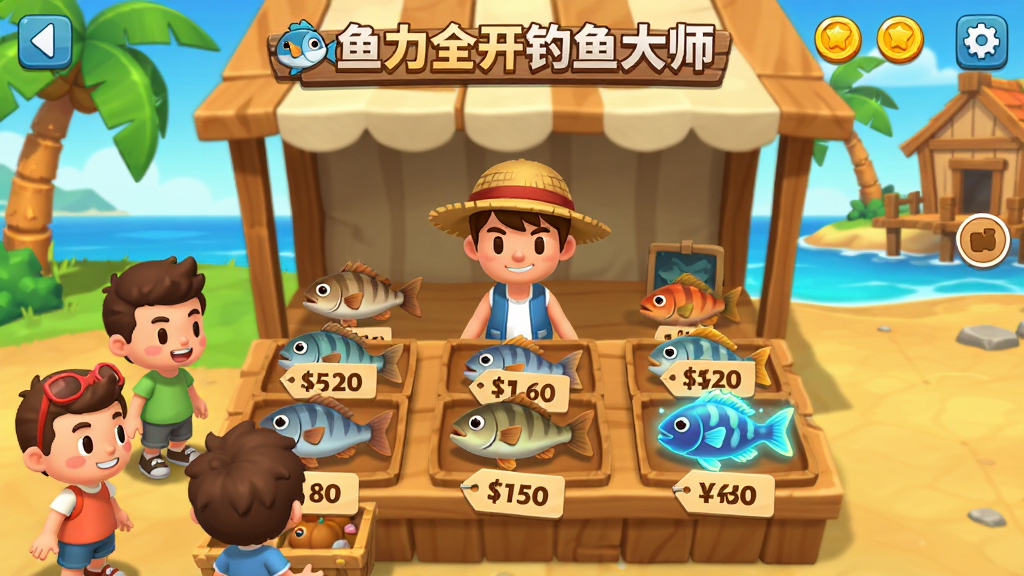 ���壺����ȫ�������ʦ��Ϸ��ͼ��չʾ��̯������棬����վ��ľ��̯λ��̯λ�ϰڷŸ������࣬ǰ���п�ͨ�˿͡����֣�̯λλ�ڻ������룬������̯λ�ڲ࣬�˿�����࣬�Ҳ౳���Ǻ����������Ű棺��Ʒ����ż۸��ǩ�����ͼ������������UI��ࡣ���������ͨ���ɫ����ů��������Ȥ��ϸ�ڣ����Ǵ��Ų�ñ�ͱ��ģ��˿��в�ͬ���飬̯λ�����ֶ���������ͨ��ͷ���ϡ���㣬������Ҭ������ľ�ݡ����ʣ��߷ֱ��ʣ��ɾ��޶���Ԫ�ء�