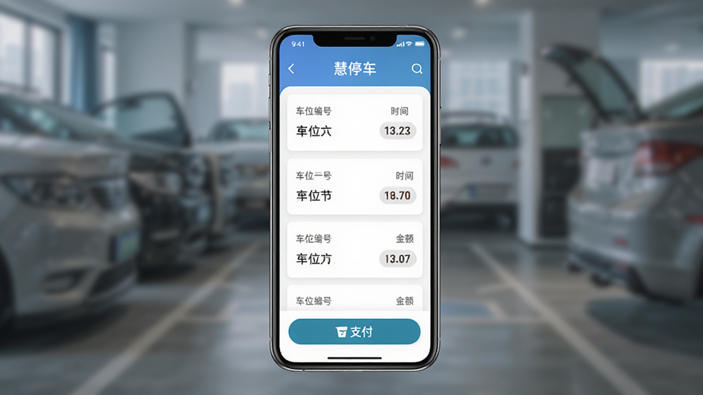 ��ͣ������չʾͼ������Ϊ�ֻ�������ʾͣ�������б���֧����ť�����ֲ��ÿ�Ƭʽ��ƣ��Ű����룬�����ˬ��࣬ϸ�ڰ�����λ��š�ʱ�䡢����ֶΣ����������ɾ��޶���Ԫ�أ����ֱ�ע����ͣ����
