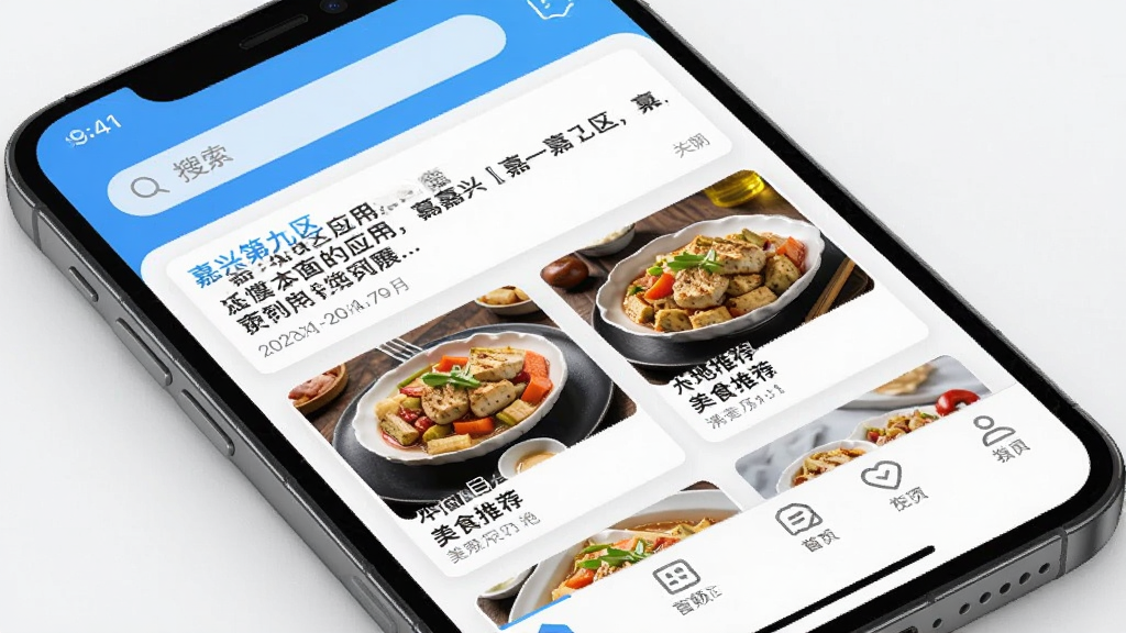 ���˵ھ���Ӧ�������湦�ܲ���չʾ���ֻ���Ļ����ʾ��ҳ��Ϣ���������������š���ʳ�Ƽ��ȿ�Ƭ�����������������ײ��е�����������ִ���࣬UI������£�ɫ�������������������޶���Ԫ��