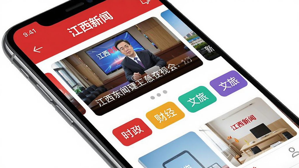 一张展示智能手机屏幕的图片,屏幕中显示“江西新闻”客户端首页,顶部有新闻轮播图,下方排列着时政、财经、文旅等彩色标签,整体UI设计现代简洁,以红色和白色为主色调,画质清晰,没有多余元素