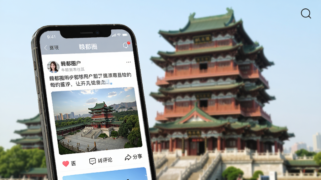 一张展示手机APP中“赣鄱圈”社区界面的图片,屏幕上显示用户发布的图文动态,有爱心、评论、分享按钮,背景是模糊的南昌滕王阁景色,画面风格写实,光线明亮,画质细腻,无多余杂物