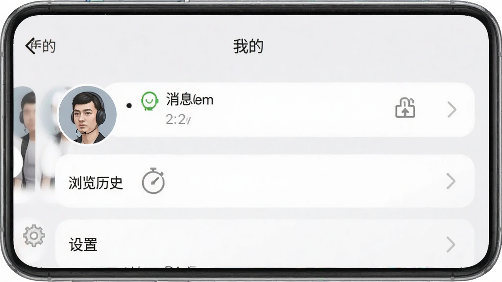 一张展示手机APP“我的”页面截图的图片,页面中显示用户头像、消息通知、浏览历史、设置等功能入口,背景为简洁的浅灰色,元素排列整齐,画质清晰,无多余文字