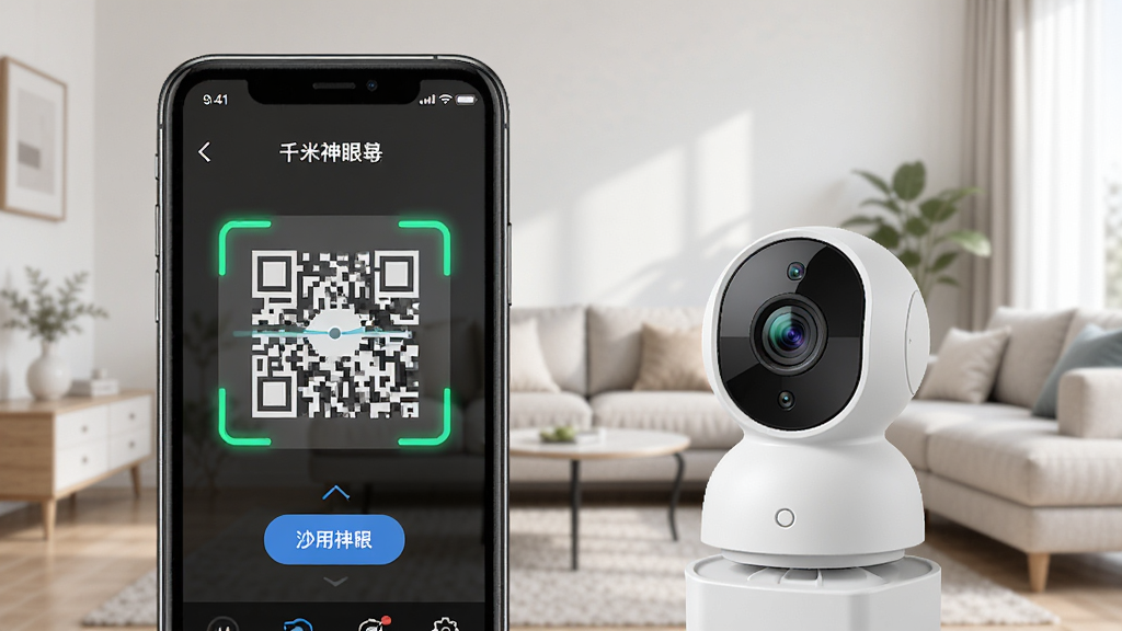 千米神眼App添加设备界面,手机屏幕显示扫码框,旁边放置一台小型家用摄像头,背景为简约客厅环境,界面明亮,操作指引清晰,画质干净,无多余元素