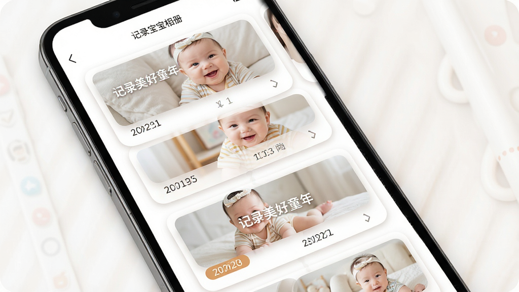 �����������APP�����ͼ������Ϊ�ֻ���Ļչʾ������Ƭʱ�����ٲ���������Ϊ���»���ʽ��Ƭ�б����Ű���ü���������־���ͼƬ�ϴ��С���¼����ͯ�ꡱ���֣���������ܰ������ϸ�ڰ�����ƬԲ����Ӱ�����ڱ�ǩ�����ʸ��壬�ɾ��޶���Ԫ�ء�
