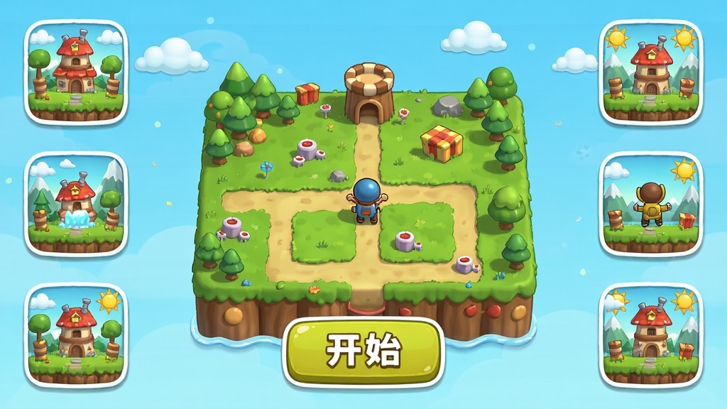 ������2��Ϸ������棬������ʾ��Ϸ��ͼ�뿪ʼ��ť������Ϊ���Ĺ�ͼ���Ű��࣬��ͨ���ϸ�ڰ����������ͼ�꣬�߻��ʣ��ɾ����޶���Ԫ��