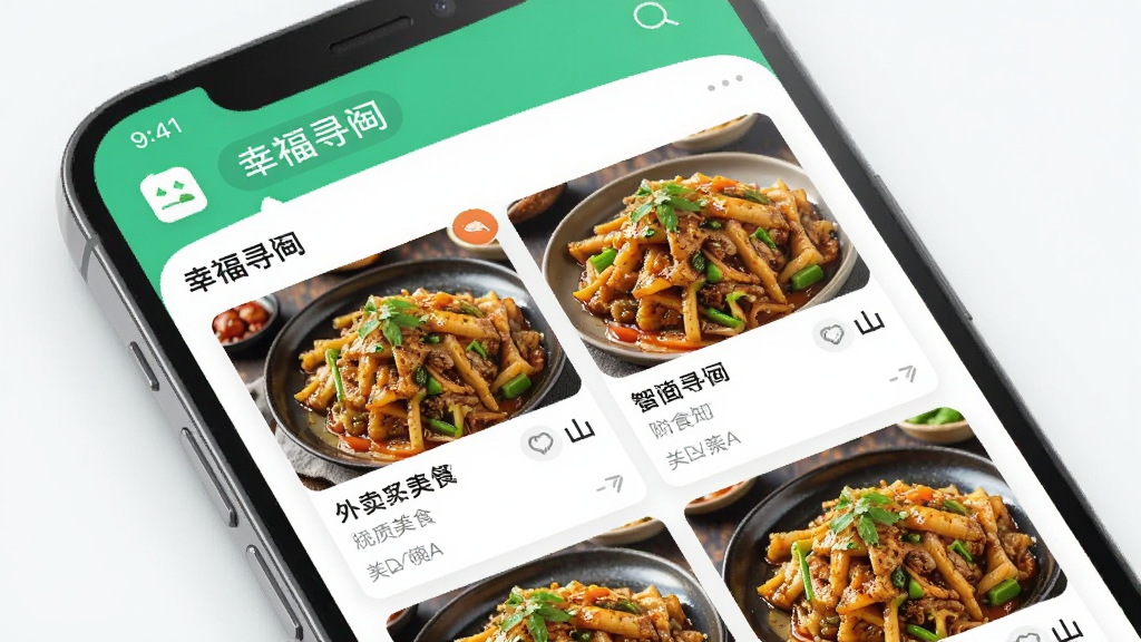 幸福寻甸app界面展示,外卖美食列表,菜品图片清晰诱人,布局简洁现代,风格明亮清新,细节丰富,画质干净无多余元素