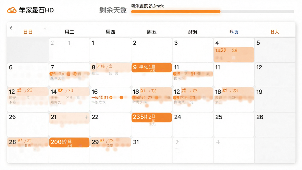 展示学家云HD主界面的服务时间日历视图,采用扁平化设计风格,日历以月视图排列,重要日期用橙色高亮标记,顶部显示剩余天数进度条,整体布局简洁明快,色彩以白色和橙色为主,画面干净无多余元素,高清画质