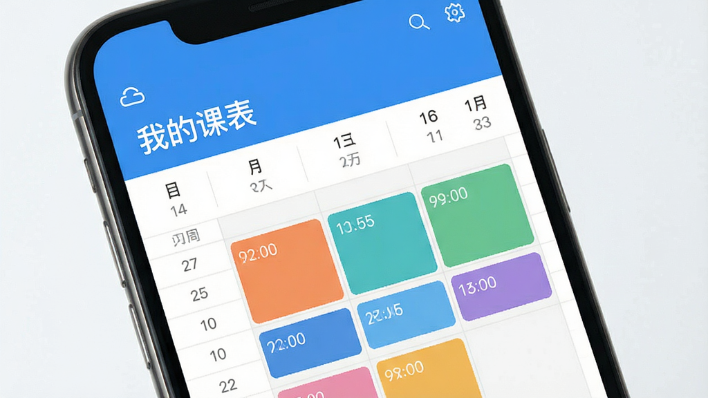 ����չʾѧ����APP�Ŀγ�����ҳ�棬����Ϊ�ֻ���Ļ��д�������Ϸ���ʾ���ҵĿα������⣬�·�������ͼ���в�ɫ�γ�ʱ��飬����ƽ����ƣ���ɫ�������ף�ϸ�ڰ�������������ʱ���ǩ�����ʸ���ɾ����޶���Ԫ��