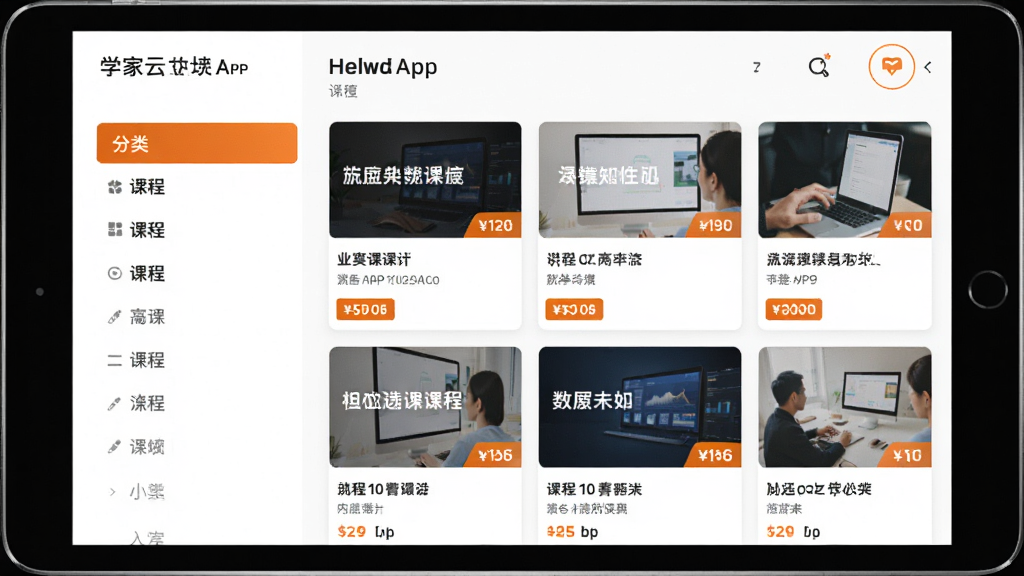 ѧ����APP�����̳�ҳ�棬����Ϊƽ�����չʾ���棬�������ҷ��������Ϊ�����б��Ҳ�Ϊ�γ̿�Ƭ���Ű����룬����Լ������ɫ��Ϊ��ɫ���ɫ��ϸ����ʾ�γ�������۸��ǩ������ϸ�壬�޶���Ԫ��