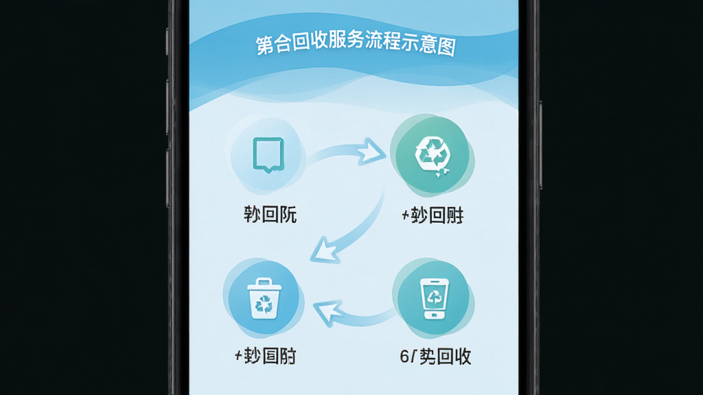 第二回合回收服务流程示意图,手机界面展示回收步骤图标,背景为清新蓝色调,线条流畅,画面简洁,画质清晰