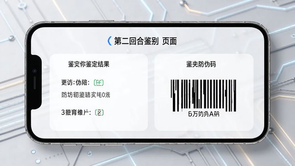 第二回合鉴别报告页面,手机显示鉴定结果与防伪码,背景为浅灰色科技感纹理,信息清晰易读,画质专业干净