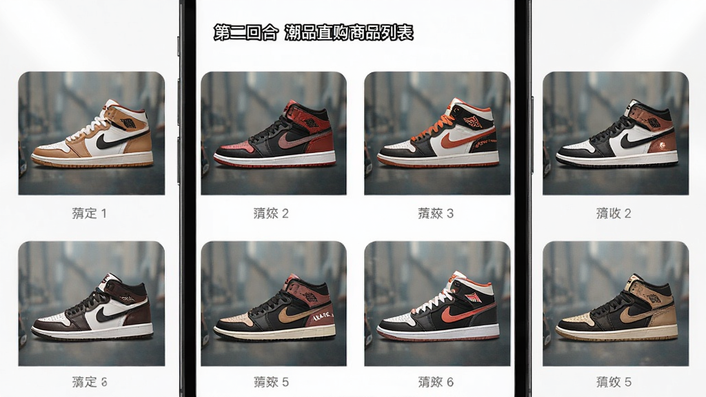 第二回合潮品直购商品列表,手机屏幕上展示多款球鞋缩略图,背景简洁明亮,排版整齐,细节丰富,画质高清,无多余元素