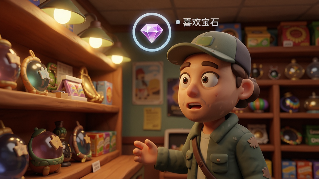 一位地洞便利店顾客站在货架前,头顶显示“喜欢宝石”图标,背景是店内暖色灯光,货架摆满各类藏品,人物表情生动,卡通渲染,画面清晰,细节精致