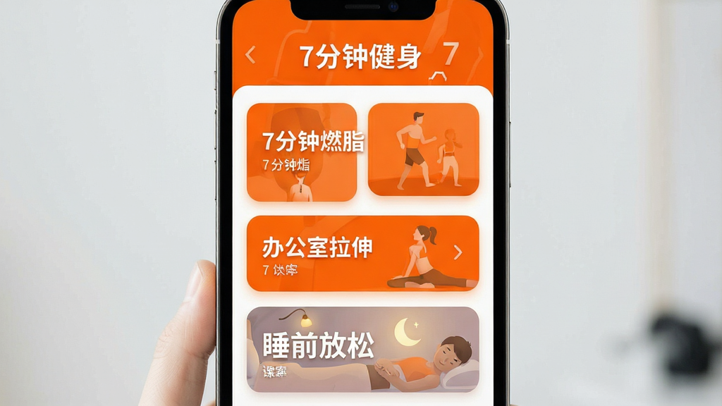 ��ʾ7���ӽ���APP�Ŀγ�ѡ����棬��ɫ��Ϊ�����ȣ������С�7���ӽ��������������沼��������������7����ȼ֬�����칫�����족��˯ǰ���ɡ��ȿγ̿�Ƭ����Ƭ���Բ�󣬱����ɾ����������ִ���࣬���ʸ��壬�޶���Ԫ��