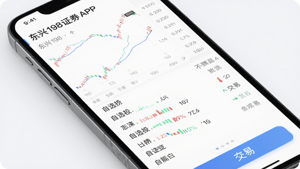 东兴198证券APP主界面展示,包含股票行情图表、自选股列表与交易按钮,浅色背景,简洁现代布局,高清画质