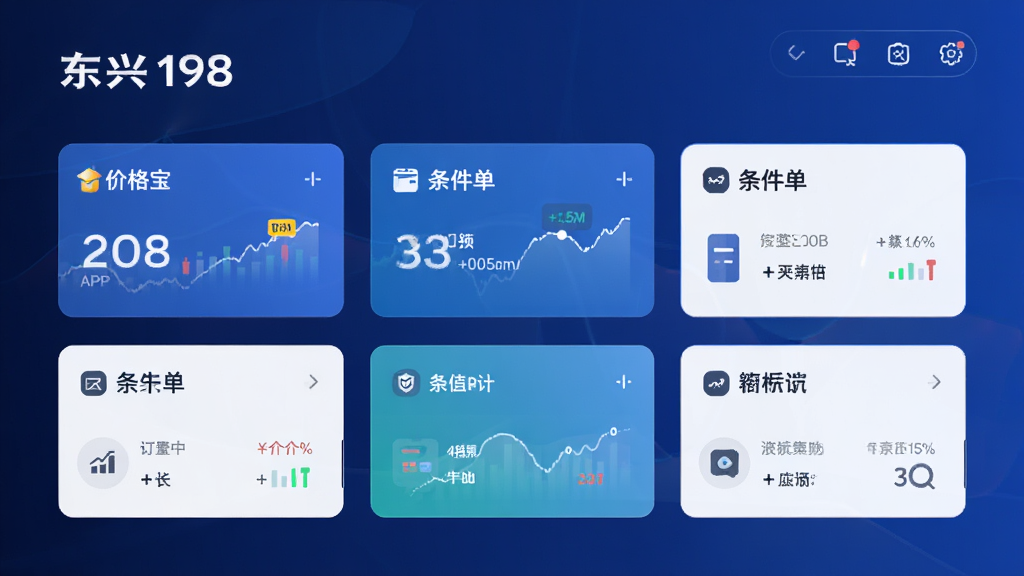 东兴198APP智能决策中心功能界面,展示价格宝、条件单等工具卡片,深蓝渐变背景,现代扁平化设计,高清画质