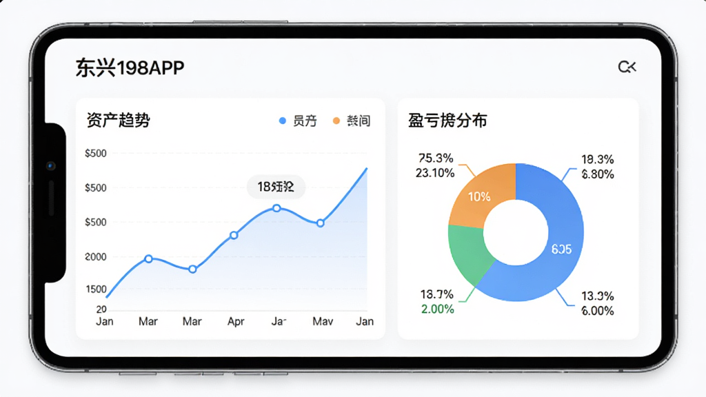 东兴198APP智能账单页面,展示资产趋势折线图与盈亏分布饼图,白色背景,图表信息清晰,商业风格,高清画质