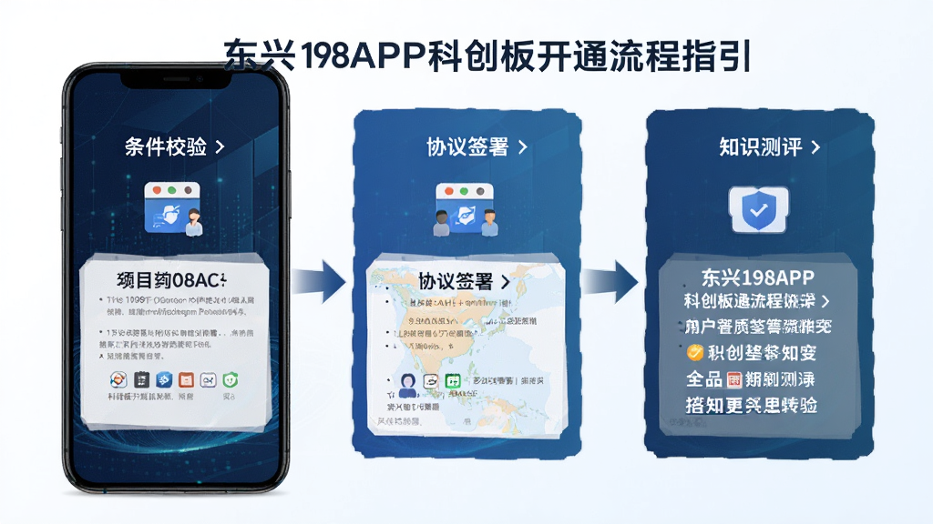 东兴198APP科创板开通流程指引,包括条件校验、协议签署、知识测评等步骤,图文并茂,简洁商务风格,高清画质