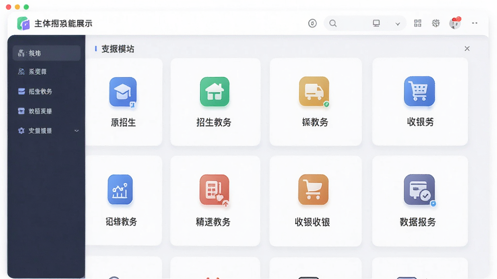 帮你教机构版功能展示界面,主体为系统后台,布局清晰,包含招生、教务、收银等模块图标,排版整齐,风格现代简约,细节丰富,高画质,干净无多余元素