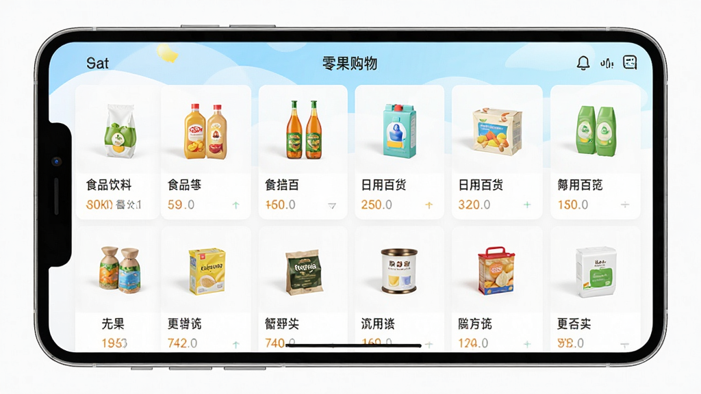 零果购物应用界面,展示商品列表,包括食品饮料、日用百货等,布局清晰,风格简约,色彩明亮,画质干净,无多余元素