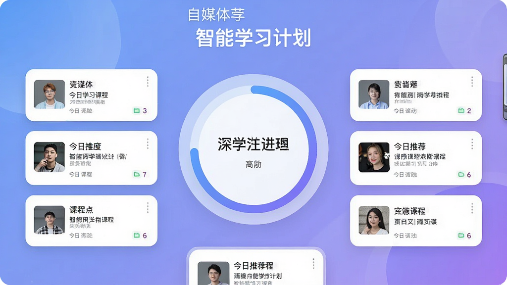 一张展示自媒体教程“智能学习计划”功能的界面,界面中央有一个学习进度环,周围排列着今日推荐课程卡片,背景为淡雅的渐变蓝紫色,整体风格现代简约,画质高清,无多余元素