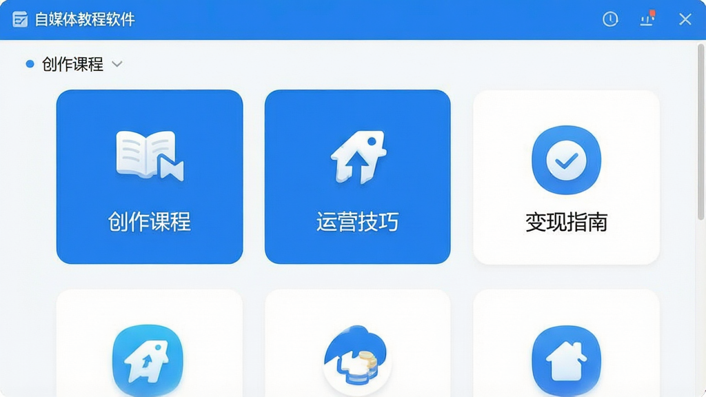一张展示自媒体教程软件主界面的截图,界面中包含“创作课程”、“运营技巧”、“变现指南”等模块图标,整体风格清新简洁,以蓝白为主色调,图标排列整齐,画质清晰,干净无多余元素