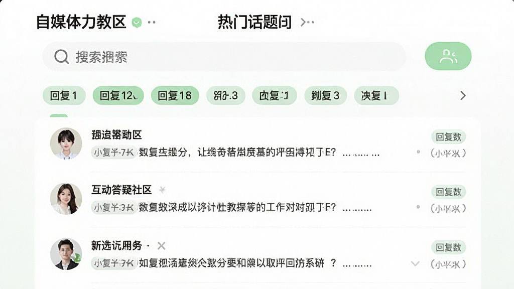 一张自媒体教程软件中“互动答疑社区”的界面预览图,顶部有搜索栏和热门话题标签,下方是用户提问列表,每条问题带有回复数图标,整体风格清新,以白色为底,搭配浅绿色点缀,画质清晰,干净无杂物