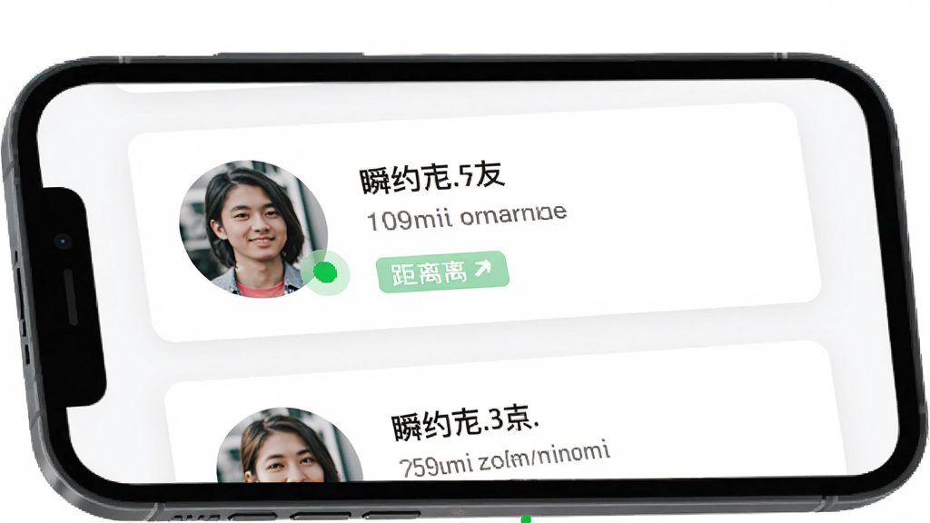瞬约交友APP界面展示,主体为手机屏幕内同城用户列表,布局采用卡片式排列,左侧头像右侧信息,排版清晰简洁,风格为现代扁平化UI设计,细节包括在线绿点与距离标签,画质高清干净,无多余元素