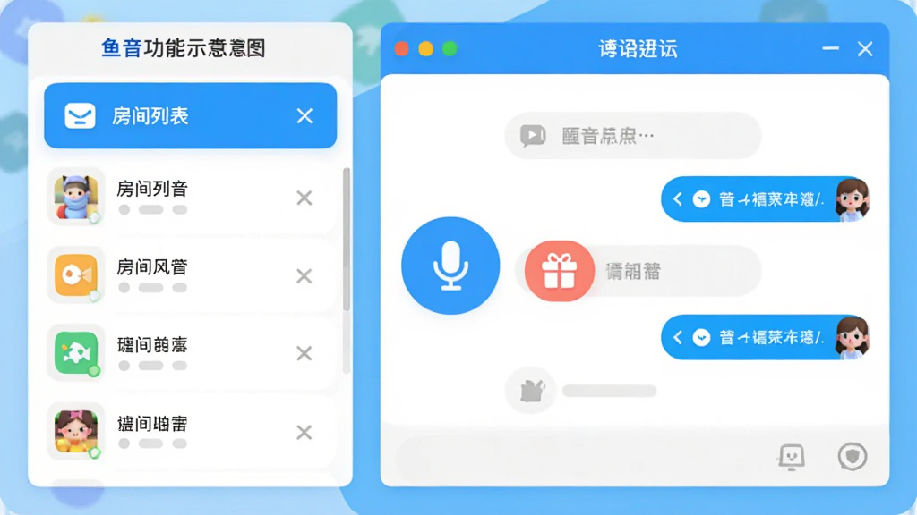 鱼音功能示意图,左侧为房间列表,右侧为聊天窗口,中间有麦克风图标和礼物图标,整体布局清晰,色彩明亮,干净无杂物