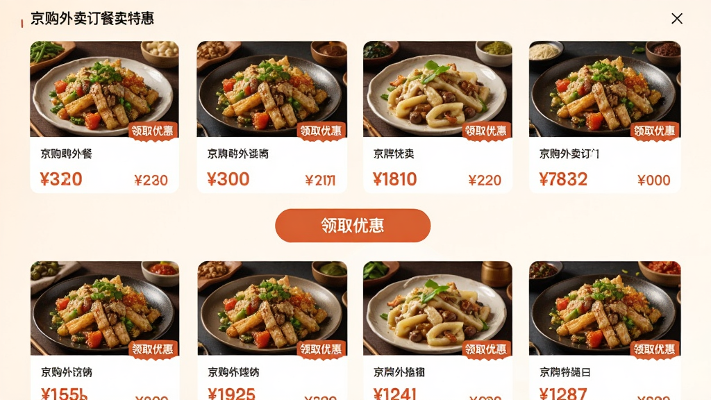 京购外卖订餐外卖特惠页面,展示多家品牌折扣卡片,每张卡片有菜品图片和价格标签,中间有“领取优惠”按钮,背景柔和,排版整齐,细节丰富,画质清晰,无多余元素