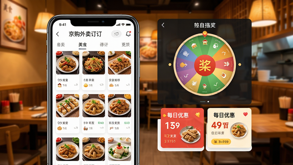京购外卖订餐应用界面展示,手机屏幕上显示美食分类列表、转盘抽奖和每日优惠卡片,背景为暖色调餐厅环境,整体布局清晰简洁,UI设计现代,画质干净,无多余元素