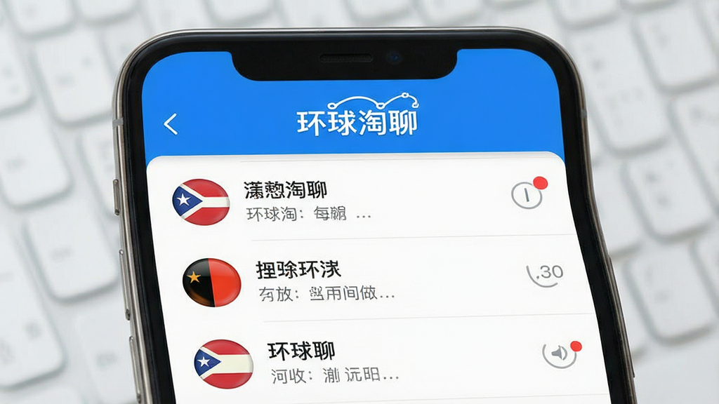 一张展示环球淘聊软件主界面的手机截图,主体是聊天列表页面,布局清晰,上方有“环球淘聊”文字标识,列表中有多个不同国家国旗头像的联系人,风格简洁现代,细节包括未读消息红点,画质高清干净无多余元素