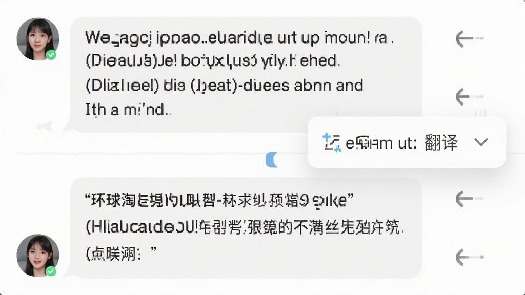 环球淘聊应用内翻译功能截图,主体显示一段英文对话与中文翻译结果,布局为上下对照排列,风格清爽,细节有语言选择下拉菜单,画质清晰干净无多余元素