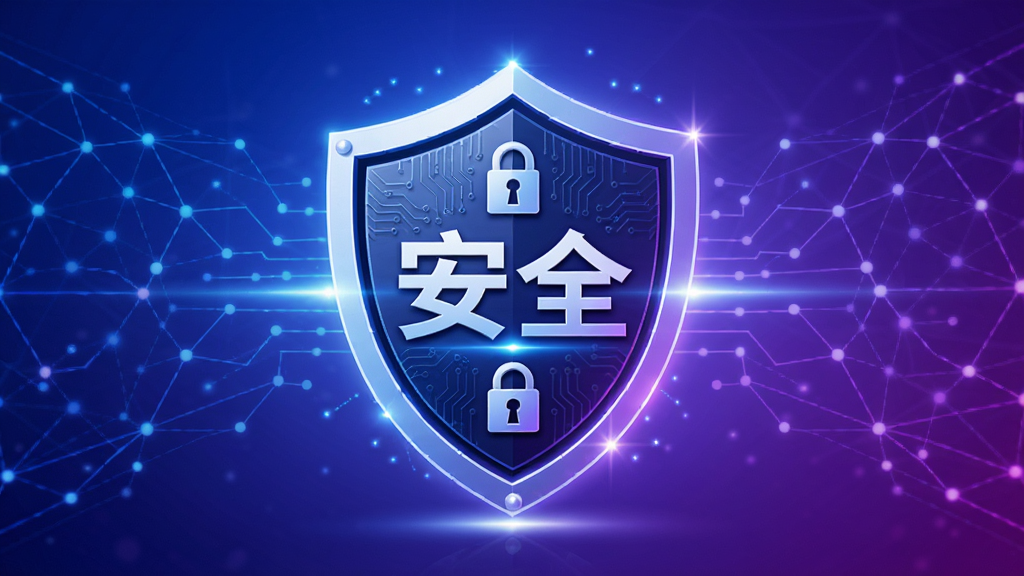 畅享人生安全防护概念图,主体为一个盾牌图标,盾牌中央有“安全”二字,背景为蓝紫色渐变网络线条,布局居中对称,风格科技感强,细节包括锁形纹路和光效,画质高清明亮无多余元素