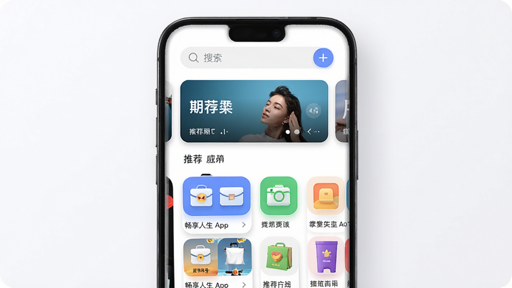 畅享人生App界面展示,主体为手机屏幕显示分类列表与推荐卡片,布局采用上下结构,上方是搜索栏和轮播图,下方为网格布局的应用和商品图标,风格现代简约,色彩明快,细节包括圆角卡片和阴影效果,画质高清干净无多余元素