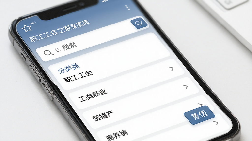 职工工会之家文案库界面,主体为手机屏幕展示分类列表和搜索框,布局简洁,风格商务,细节有收藏图标和复制按钮,画质高清干净