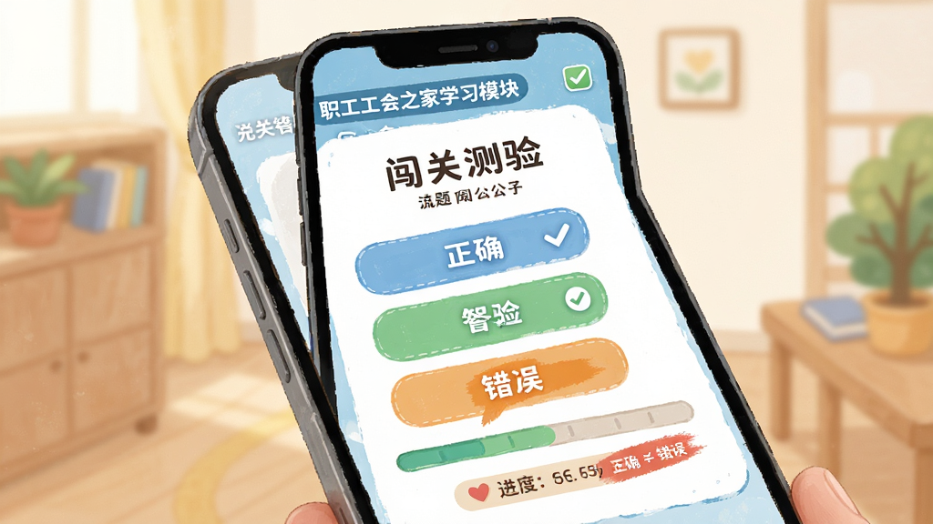 职工工会之家学习模块界面,主体为手机屏幕展示闯关测验题目,布局包含答题选项和进度条,风格插画清新,细节显示正确与错误提示,画质清晰无多余元素