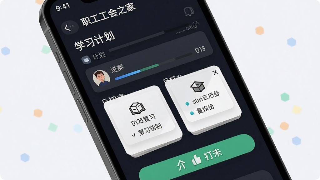 职工工会之家应用界面,展示学习计划列表和闪卡复习场景,主体为手机屏幕特写,布局清晰,风格现代简约,细节包括进度条和打卡按钮,画质高清干净无多余元素