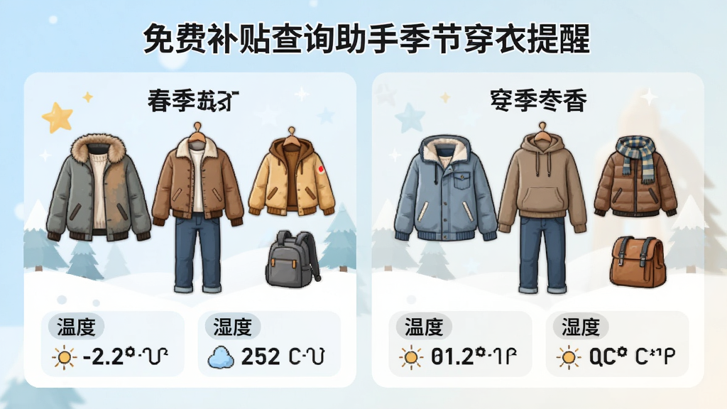 免费补贴查询助手季节穿衣提醒界面,展示春夏秋冬四季穿搭示意图,每个季节对应不同服装搭配,配有“温度”和“湿度”数据,整体设计生动有趣,布局合理,画质清晰,干净无多余元素
