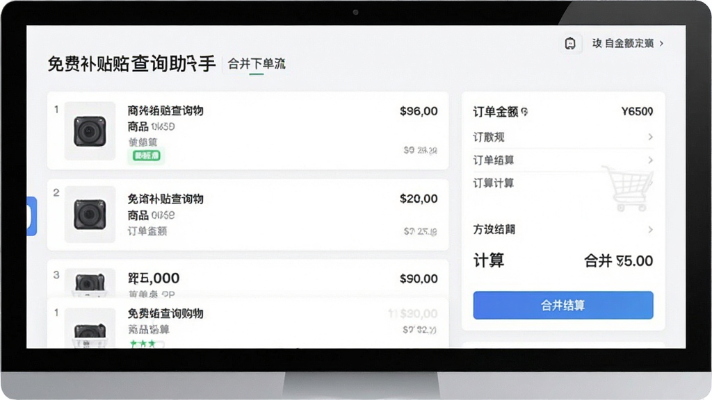免费补贴查询助手合并下单流程界面,显示多个商品购物车列表,底部有“合并结算”按钮,订单金额自动计算,界面简洁明了,细节丰富,画质清晰,干净无多余元素