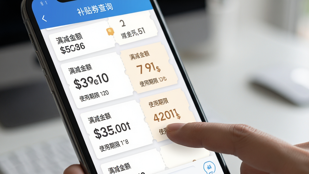 免费补贴查询助手补贴券查询界面,手机屏幕显示多张优惠券卡片,每张卡片标注“满减金额”和“使用期限”,用户手指点击操作,背景虚化处理,突出主体,排版简洁,细节丰富,画质清晰,干净无多余元素