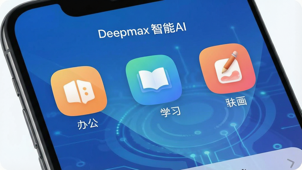 һ��չʾDeepmax����AI���ֻ���Ļ�����еĽ����ͼ������������ʾ�칫��ѧϰ���滭������ͼ�꣬����Ϊ����ɫ�Ƽ��б�ֽ�����岼�ּ�࣬ͼ��Բ�󣬻��ʸ��壬�ɾ��޶���Ԫ�أ����ֱ�ע��Deepmax����AI��