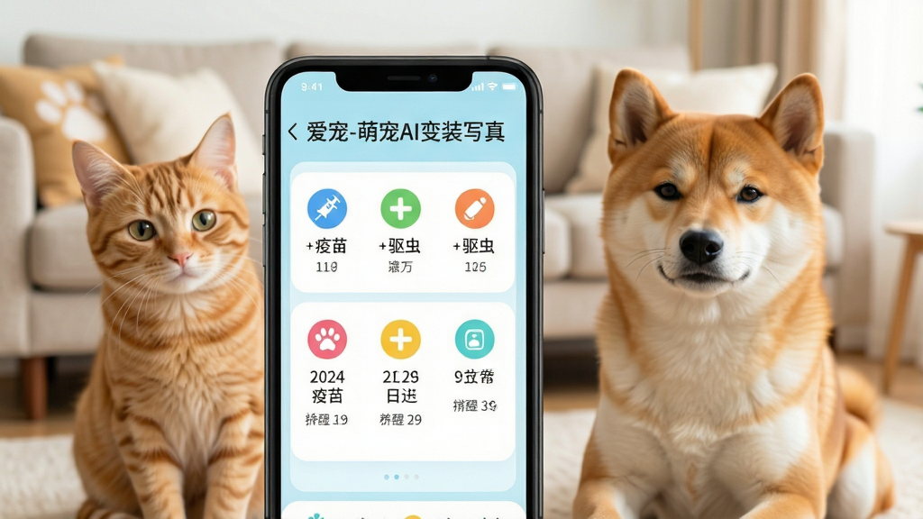 һ�������ֻ�����Ļ��д����Ļ����ʾ�š�����-�ȳ�AI��װд�桱APP�������������棬���������µĵ���ɫΪ��ɫ�������������ر�ע�����硢����Ȳ�ɫͼ����������ѣ��ֻ��Ա߷���һֻ�ɰ�����è��һֻ��Ȯ����������ܰ�Ŀ��������廭���������ɾ�����������������ͻ�����޶���Ԫ��