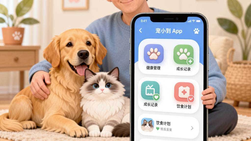 宠小到大智能 App,手机界面展示健康管理、成长记录、饮食计划等功能,背景为温馨的宠物家庭场景,一只金毛犬和一只布偶猫依偎在主人身边,界面简洁现代,图标圆润可爱,色彩柔和明快,采用插画风格,画质高清,干净无多余元素