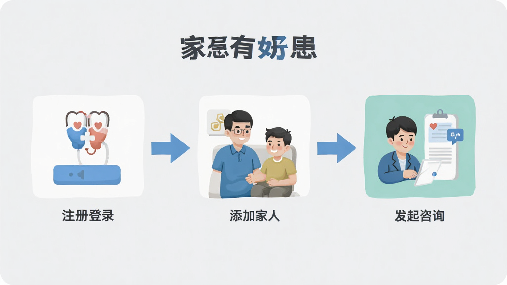 家有好医患者版用户操作流程图,从注册登录到添加家人再到发起咨询的步骤演示,采用扁平化插画风格,背景浅灰色,步骤以箭头串联,画面简洁清晰,无多余元素,高质量渲染