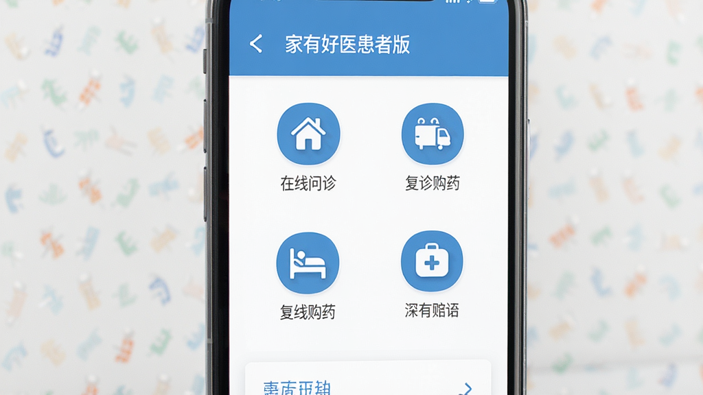 家有好医患者版手机界面展示,显示在线问诊、复诊购药等主要功能图标,扁平化设计,主色调为蓝色和白色,整体布局清晰,干净无多余元素,画质高清